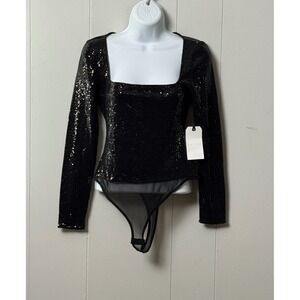 NWT Leith Black Sequin Long Sleeve Square Neck Bodysuit Medium